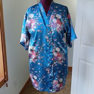 Blue Floral Satin Robe M short sleeves inner ribbon ties pink purple midi